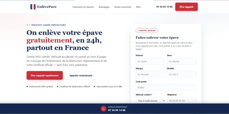 Aperçu du site épaviste (Enlevepave)